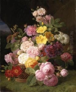 Roses, Peonies And Other Flowers On A Ledge by Jan Frans Van Dael