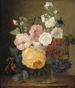 Flowers In A Glass Jar On A Ledge by Jan Frans Van Dael