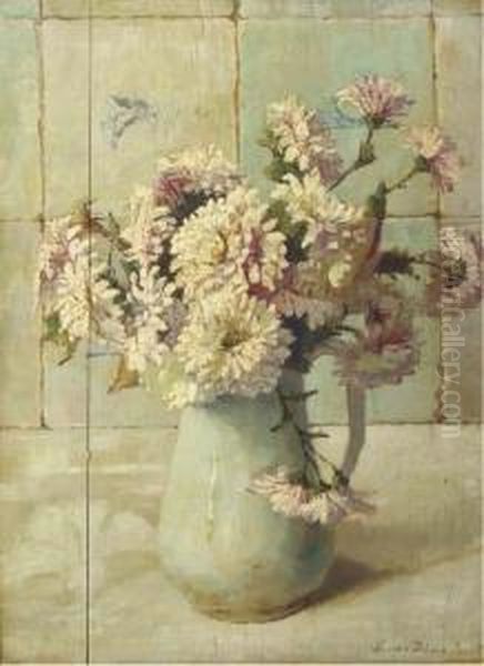 Chrysanthemums In A Jug By A Tiled Wall - view 1