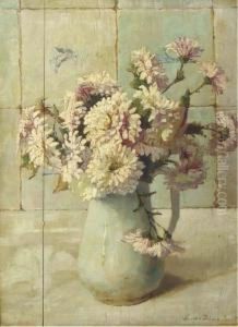 Chrysanthemums In A Jug By A Tiled Wall by Lucie Van Dam Van Isselt