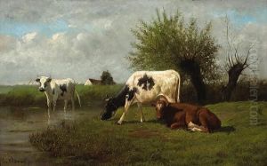A Pastoral Landscape With Three Cows By Astream by Emile Van Damme-Sylva