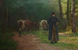 A Figure Driving Cattle In A Wood A Figure Driving Cattle In A Wood