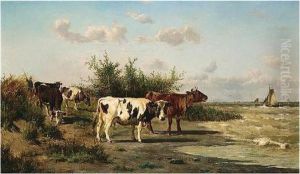 Emile , Cattle At Water's Edge, Falsely Signed, Oil On Canvas, 76 X 127 Cm.; 30 X 50 In by Emile Van Damme-Sylva