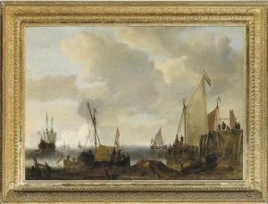 A Coastal Landscape With Dutch Shipping In Dock, At Anchor And Atsea by William Velde Van De Bonfield
