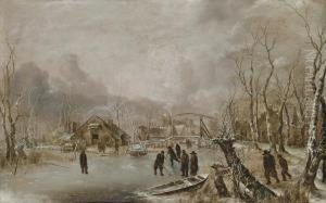 Winter Landscape With Skaters And Kolf Players On A Frozen Waterwayby A Village by Jan Van De Capelle