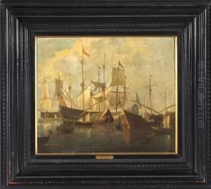 A Busy Harbor Scene by Jan Van De Capelle