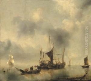 A Kaag And A Smak In A Calm, 
With Fishermen Pulling In Their Catchfrom A Rowing-boat In The 
Foreground, A Dutch Frigate And Otherboats Beyond by Jan Van De Capelle