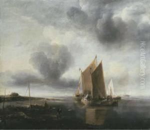 Two Smalschips And Other Shipping Off A Sandbank In A Calm by Jan Van De Capelle