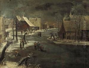 A Winterlandscape With Skaters On A Frozen Waterway In A Village