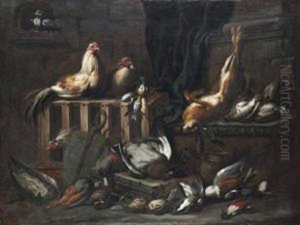 A Dove, Cockerels, Hare, Duck,
Woodpecker And Other Game Birds By A Partly-draped Classical Building - view 1