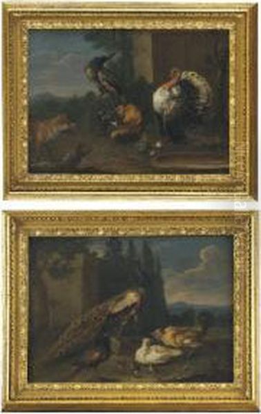 A Peacock, A Peahen, A Hen And A
Cockerel With Chicks In An Italianate Landscape; And A Turkey, A
Cockerel And A Peacock Near A Water Tray With A Fox In A Landscape - view 1