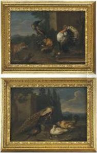 A Peacock, A Peahen, A Hen And A
Cockerel With Chicks In An Italianate Landscape; And A Turkey, A
Cockerel And A Peacock Near A Water Tray With A Fox In A Landscape by Jacob van der (Giacomo da Castello) Kerckhoven