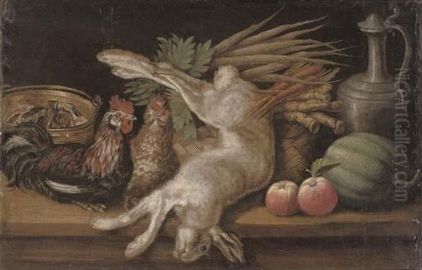 A Dead Hare, Two Hens, Apples, A
Melon, Carrots And Turnips In A Woven Basket And A Bucket Of Fish On A
Table - view 1