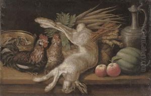 A Dead Hare, Two Hens, Apples, A
 Melon, Carrots And Turnips In A Woven Basket And A Bucket Of Fish On A 
Table