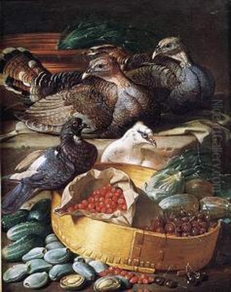 Pavos Y Pichones Con Cerezas, Fresas E Higos En Una
Cesta - view 1