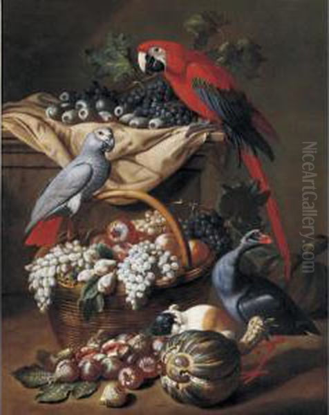 Still Life With Two Parrots, A Guinea Pig, A Basket Of Fruit And Fowl - view 1