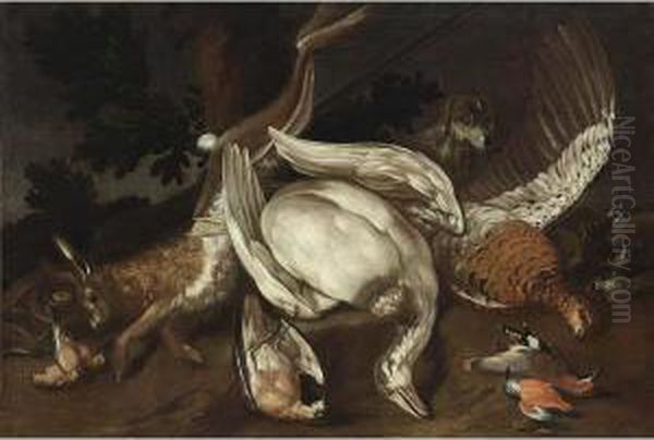 A Hunting Still Iife With A Goose, A Hare, A Pheasant And Smallbirds - view 1