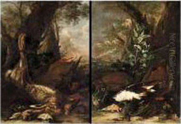 A Still Life With A Duck, Nightingales And A Finch In A Landscape;
A Still Life With A Hare, Ducks And Snipe In A Landscape - view 1