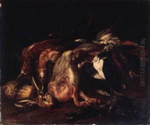 A Dead Hare And Dead Snipe With Other Game On A Rock In Alandscape by Jacob van der (Giacomo da Castello) Kerckhoven