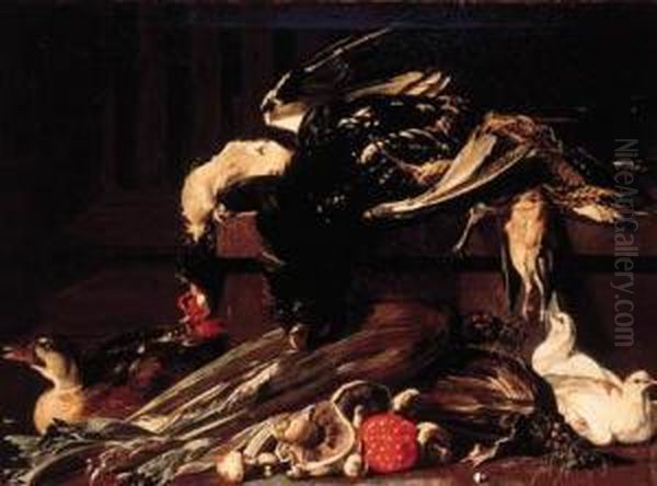 A Dead Cockerel And Snipe And 
Other Birds On A Ledge With Doves, Aduck, Funghi And Vegetables; And A 
Turkey, A Hen And Doves In Alandscape - view 1