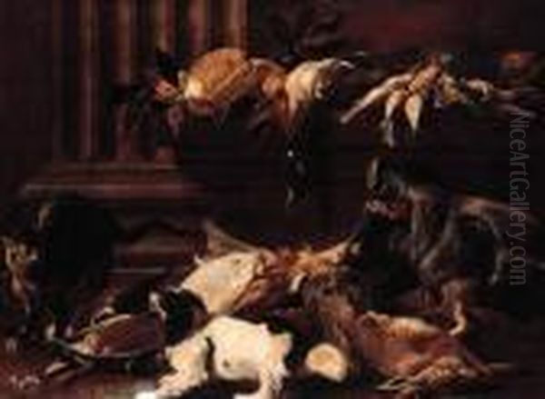 A Boar's Head, A Dead Hare, A
Mallard, Songbirds With A Cat And Aking Charles Spaniel By A Pilaster - view 1