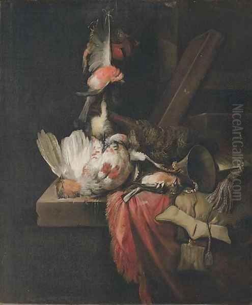 Still life of a dead partridge and other birds, and implements of the chase on a draped stone ledge - view 1
