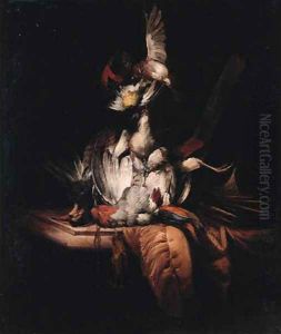 A dead partridge and dead songbirds hanging on a rope from a nail on a draped marble ledge by William Gowe Ferguson