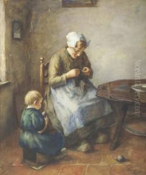 "at Eventide", Cottage Interior
With A Dutch Girl Knitting Beside A Table, A Child Seated Nearby Signed,
Inscribed With The Artist's Name On A Plaque Attached To The Frame,
Also Inscribed On An Exhibition Label Verso With The Artist's Name And
The - view 1