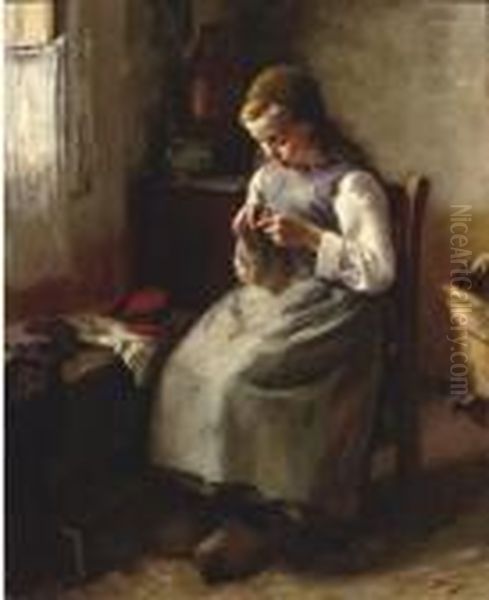 A Young Girl Knitting - view 1