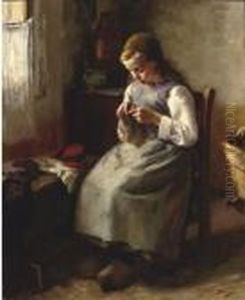 A Young Girl Knitting by Lammert Van Der Tonge