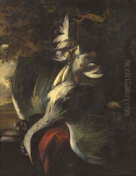 Gamebirds by a plinth, in a wooded landscape - view 1