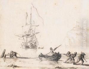 A Ship Moored, With Figures In Theforeground
