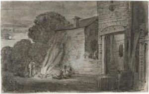A Night Scene With Figures Round A Fire