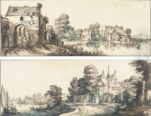 A Village On A Broad River With 
Two Horseman At A Gateway To Theleft; And An Abbey By A River With A 
Group Of Monks On Atrack - view 1