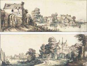 A Village On A Broad River With 
Two Horseman At A Gateway To Theleft; And An Abbey By A River With A 
Group Of Monks On Atrack