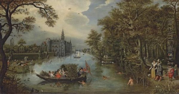 Summer: A River Landscape With
Elegant Company Desporting In A Boatand On The Banks, A Castle Beyond - view 1
