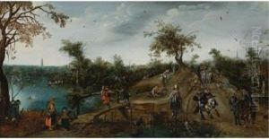 An Extensive Landscape With
Princes Maurits And Frederik Hendrik Nassau In A Carriage And Other
Elegant Travellers Passing A River, A Huntsman In The Left Foreground
And The Tower Of The Grote Kerk Beyond by Adriaen Pietersz. Van De Venne