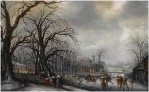 A Winter Landscape With Elegant 
Figures Conversing On A Path And Skating On The Ice, A Fortified Town 
Beyond