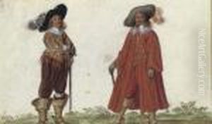 Two Elegantly Dressed Gentlemen Wearing Plumed Hats