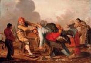 Figures Brawling In A Road, With Onlookers
