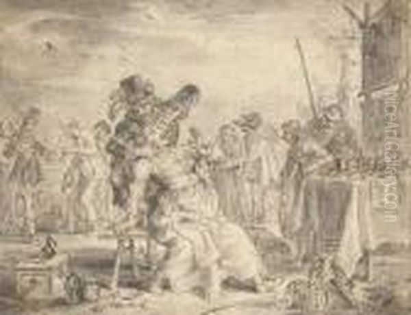 A Quack Dentist Removing A Tooth From A Seated Woman In A Marketplace - view 1