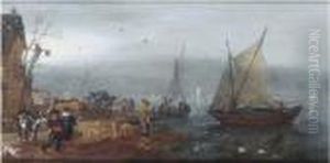 A River Landscape With Figures On The Bank Near An Inn, Shipping Beyond by Adriaen Pietersz. Van De Venne