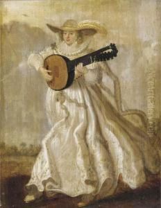 A Lady Dancing And Playing The Lute In A Landscape by Adriaen Pietersz. Van De Venne