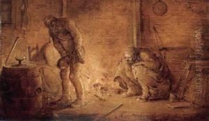 Elderly People By A Fire In A Barn - En Brunaille by Adriaen Pietersz. Van De Venne