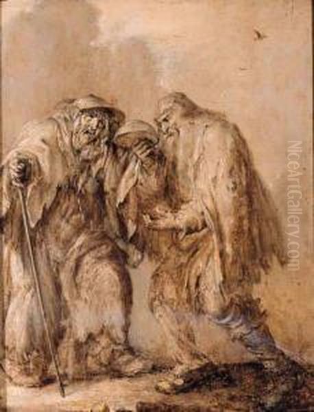 An Old Couple Begging He Holding An Upturned Bowl, She Holding Acane - En Brunaille - view 1