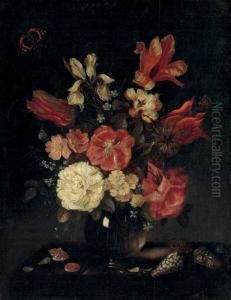 Roses, Tulips, An Iris, 
Forget-me-nots And Other Flowers In A Vase, With Shells On A Table And A
 Red Admiral