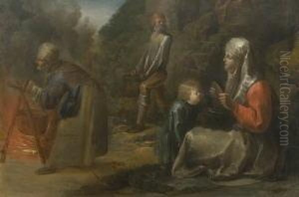 Rastende Bauernfamilie Vor Einem Verfallenen Haus. - view 1