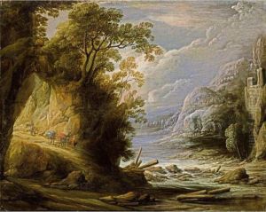 A Mountainous River Landscape With An Oriental Traveller And Donkeys On A Path