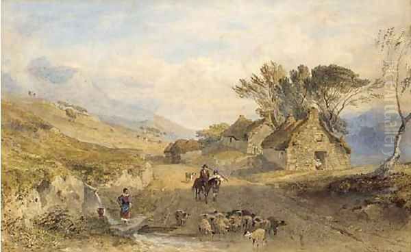 A shepherd and his flock fording a stream, with cottages beyond - view 1