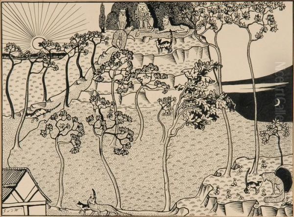 Landschap - Tronende Koning 
Nobel - Reinaert, Zittend Voor Maupertuus, Ontvangt Tibeert De Kater 
(1909) - view 1